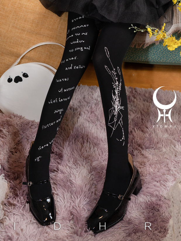 White Black Envelope and Floral Elegant Classic Lolita  Tights