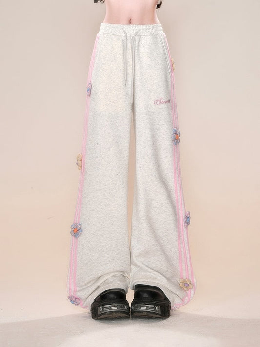 Gray Pink Floral Design Straight-leg Cut Pants