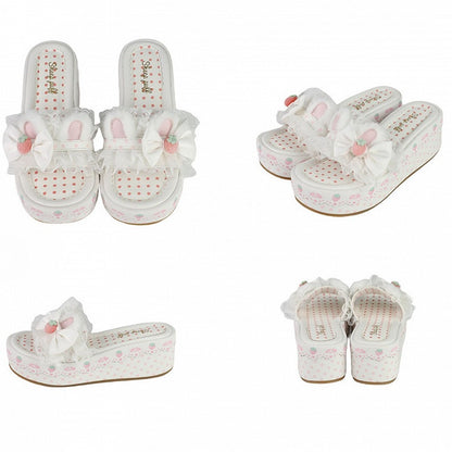 Trim Bow Platform Lolita Lace Accents Sweet White Ear Bunny Slippers Plush
