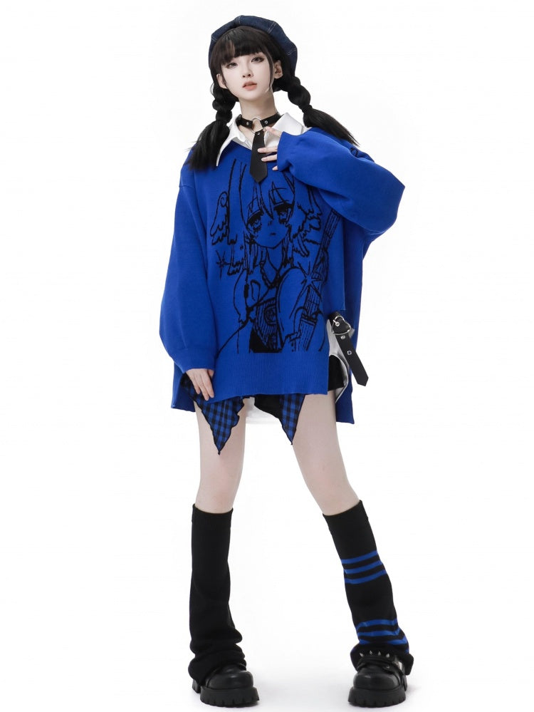 Punk Rock Girl Pattern Blue V-neck Sweater with Heart PU Buckle