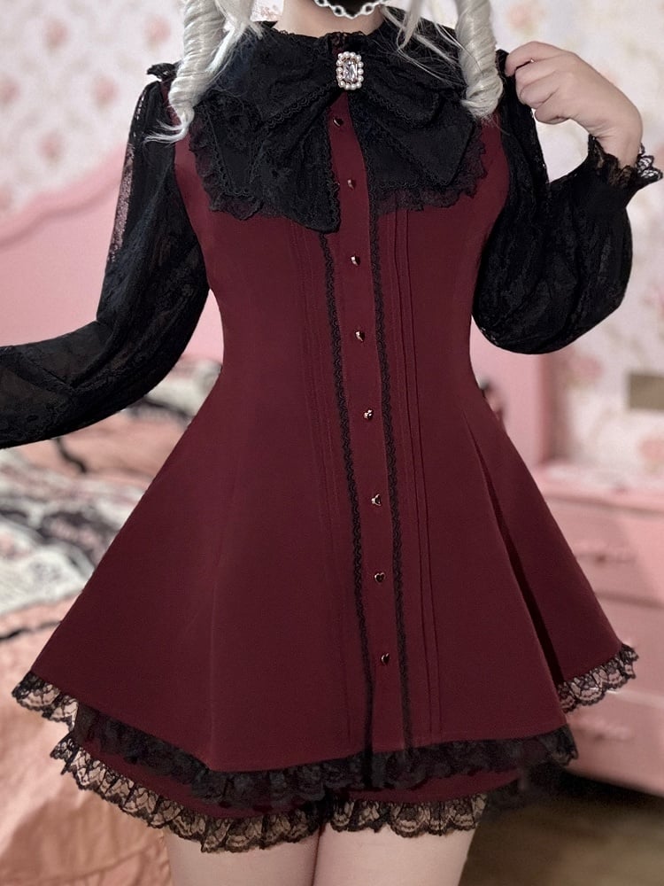 Rotes, passendes Rebellion-Mini-Kei-Kleid mit herzförmigen Ärmeln und Spitze: Schwarz mit Jirai-Shorts
