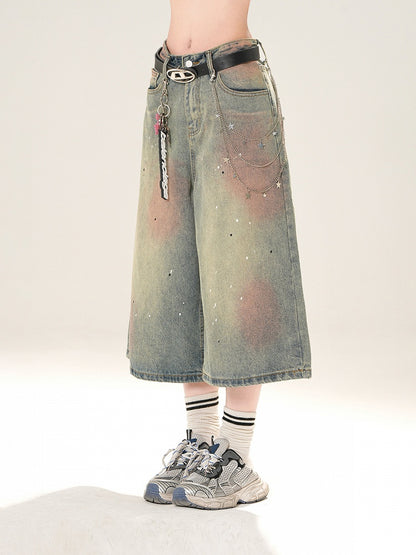 Blue Low Distressed Rise Sequin Details Straight-Leg Jeans