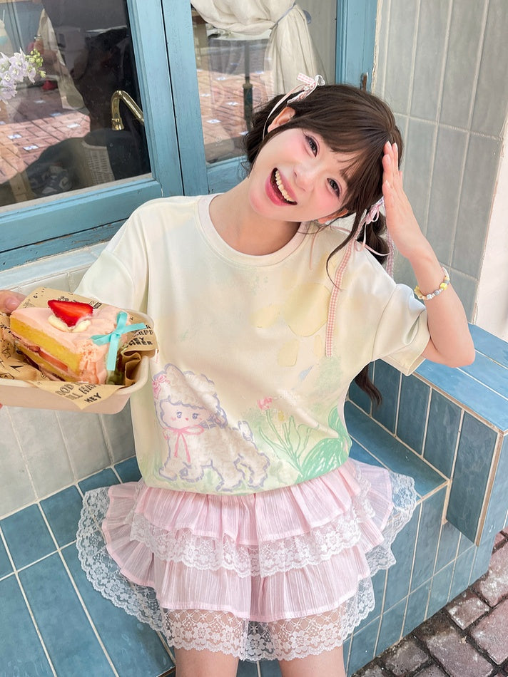 T-Shirt Light Green Round Neck Graffiti Lamb Print Loose