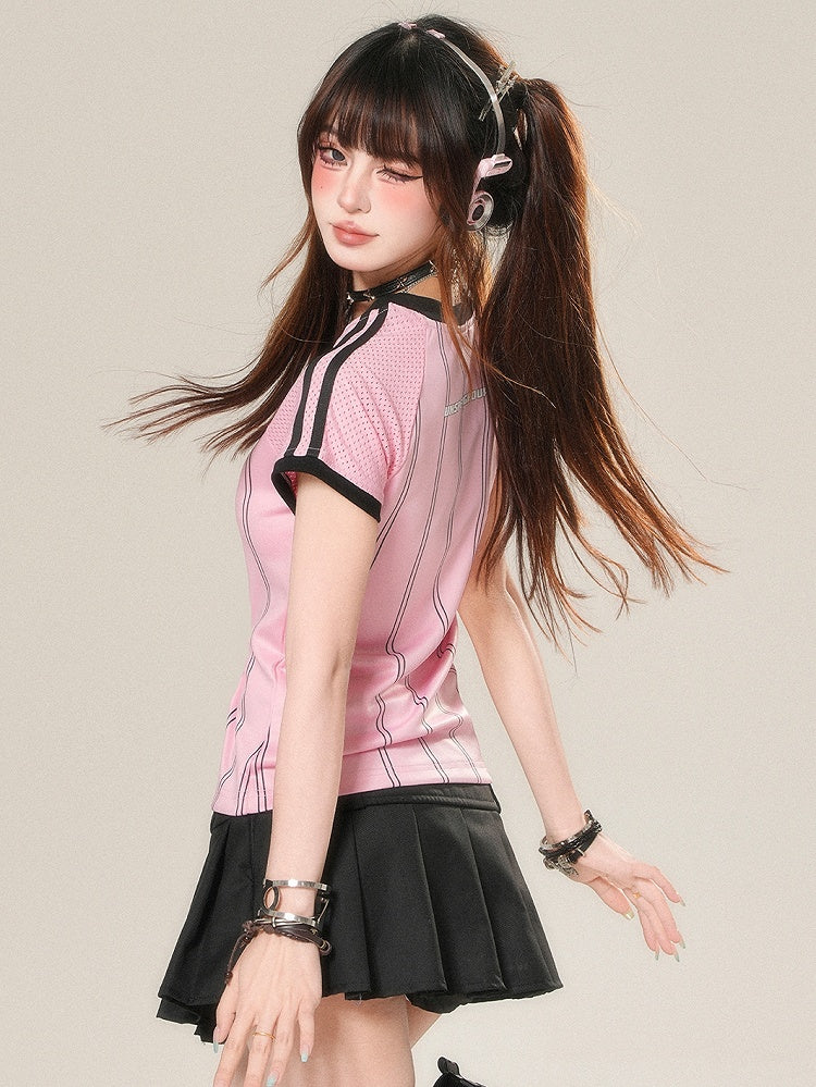 Glamorous T-shirt Print Number Striped Pattern V-neck Pink