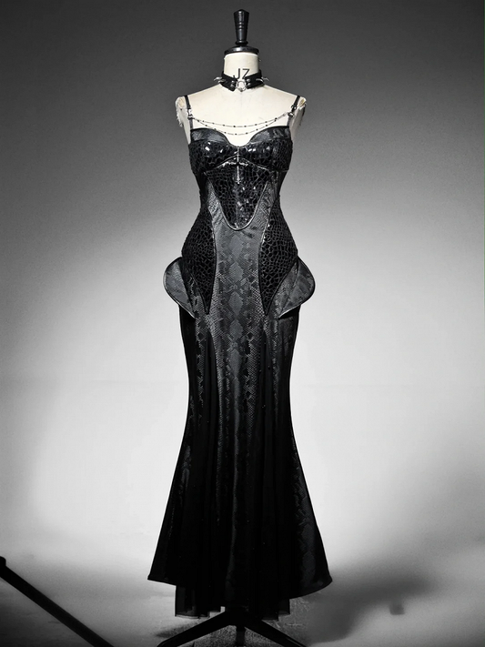 Robe bustier noire victorienne à bretelles spaghetti, robe de soirée sirène