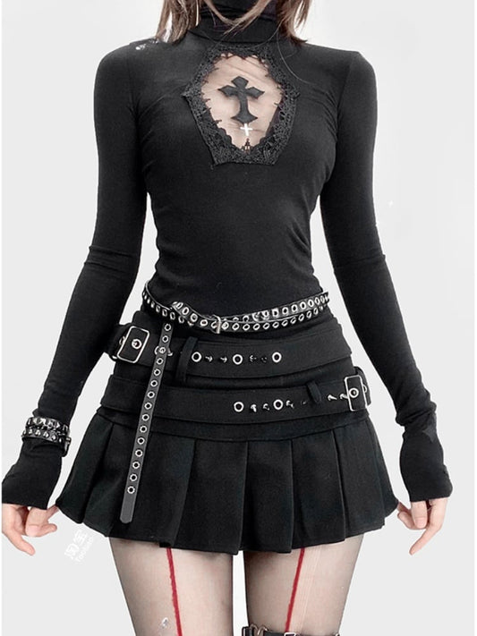 Top Black Glamorous Gothic Neck Detail Cutout Cross High Y2K