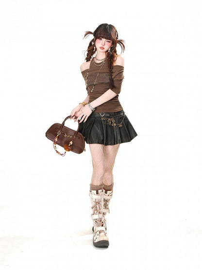Apricot/Black/Coffee Halter Neck Cutout Shoulder Letter Glamorous T-shirt