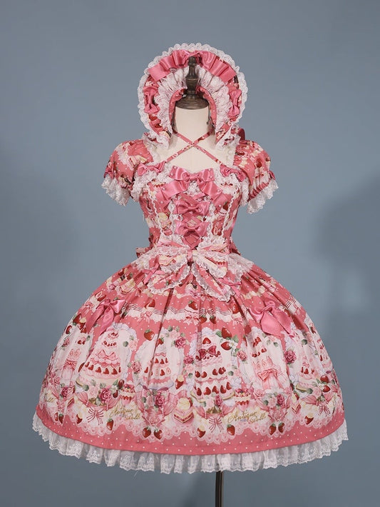 Dress Set Sweet Accents Print Full Bow Lolita Strawberry / Cake Pink