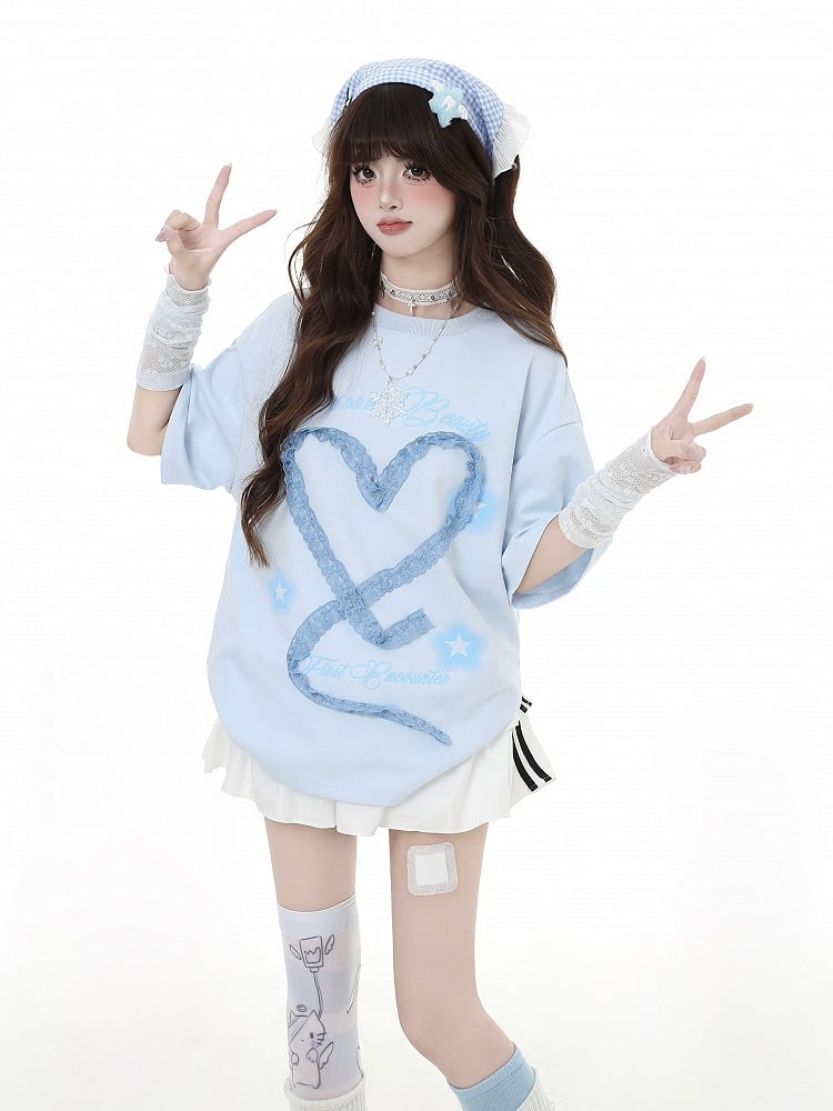 Design Armwear Free Heart-shaped Lace White/Light Blue T-Shirt with
