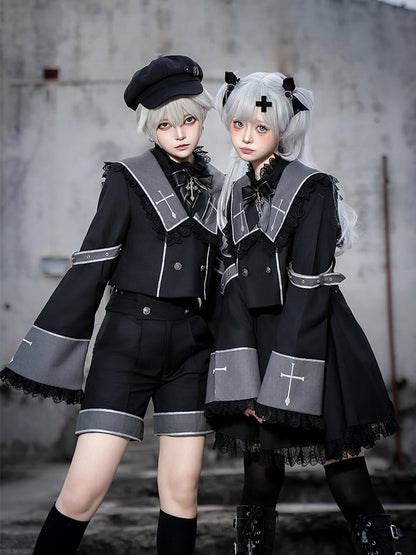 Ouji Long Square and Top Black Lolita Gray Cross Cropped Embroidery Collar Sleeves