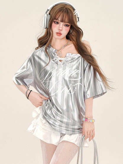 Grey/Blue Lace-up Detail Asymmetrical Neckline Striped Sporty Top