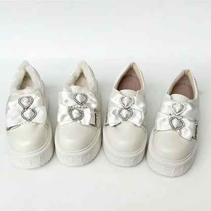Details PU Kei White Rhinestone Shoes Version Platform Bow Heart Decor Slip-in Fit Jirai Design Regular/Thicken in