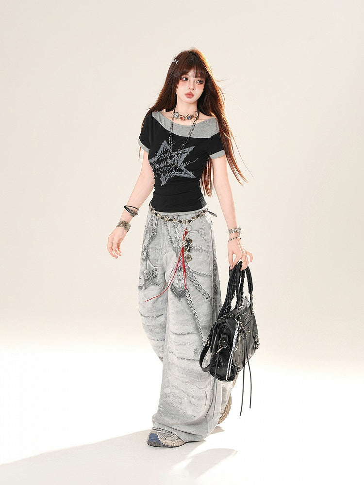 Black  Gray Star Print Faux Two-pieces T-Shirt