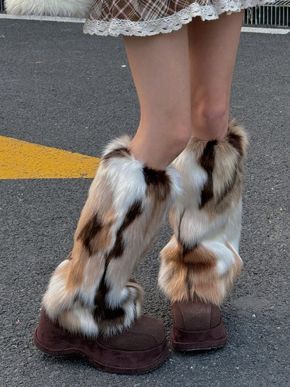 White&Brown Y2K Shaggy Leg Warmers