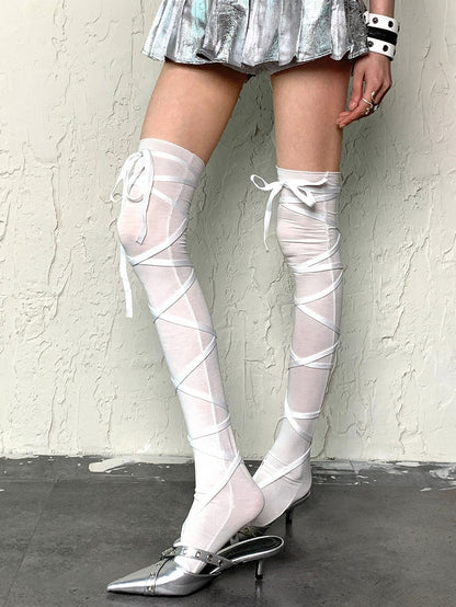 Crisscross Overknee Self-tie Stockings Straps White/Black/Gray