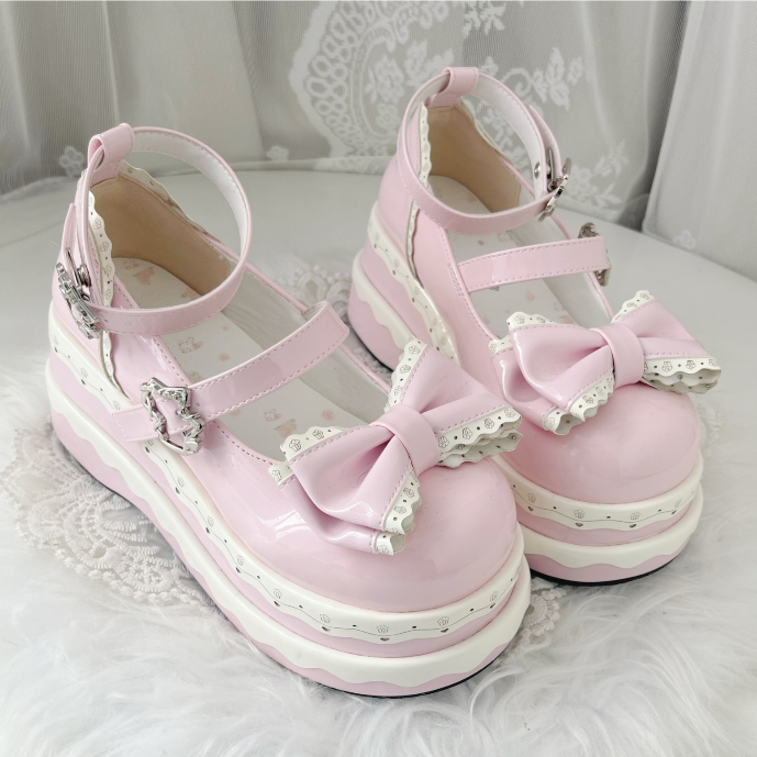 Lolita Cute Pink Bowknot Cake Buckle Straps Platform Shoes