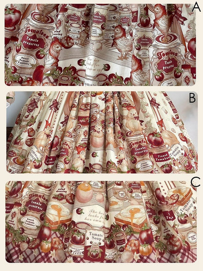 Rotes Country Lolita-Kurzkleid mit karierten Ärmeln und Muster und Aufdruck „Dosentomatoes“