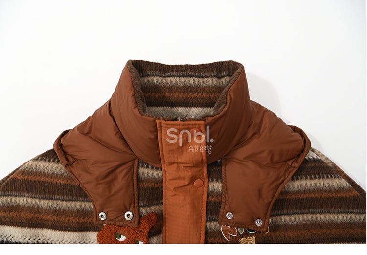 Patchwork Design Brown Hooded Down Jacket