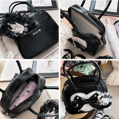 Decorated Sweet Black Hand Beaded Bag Plush Lolita Heart Bowknot