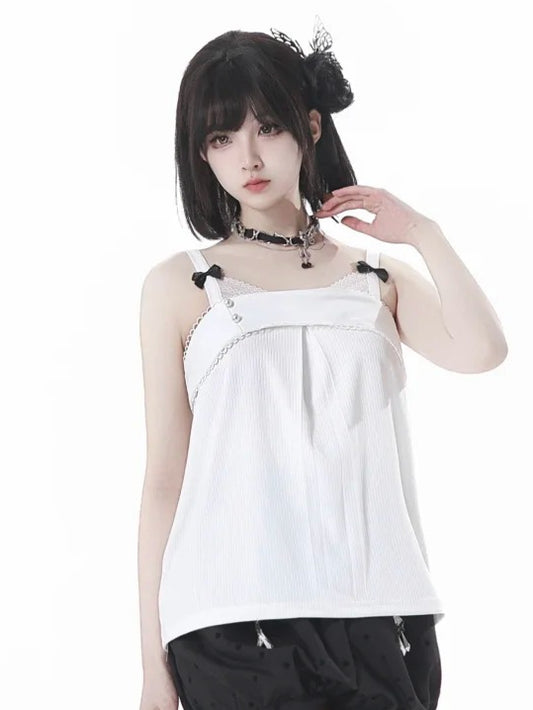 Style Knit Cami Top White Bowknot Details Cheongsam