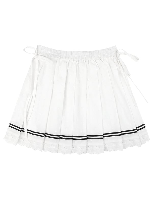 Self-tie Straps Waist White Pleated Skirt