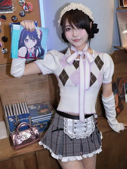 グレーのチェック柄フリルトリムエプロンデザインミニスカート