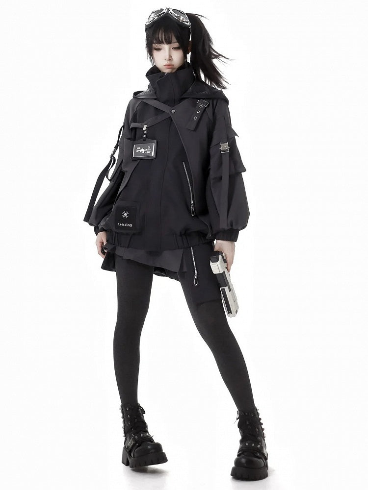 Black Buckle Straps Cyberpunk Skirt