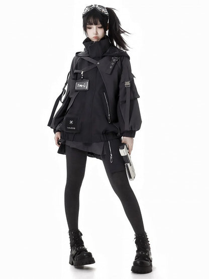 Black Buckle Straps Cyberpunk Skirt