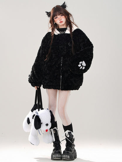 Black Cute Kitty Head Hood Fleece Zip Hoodie