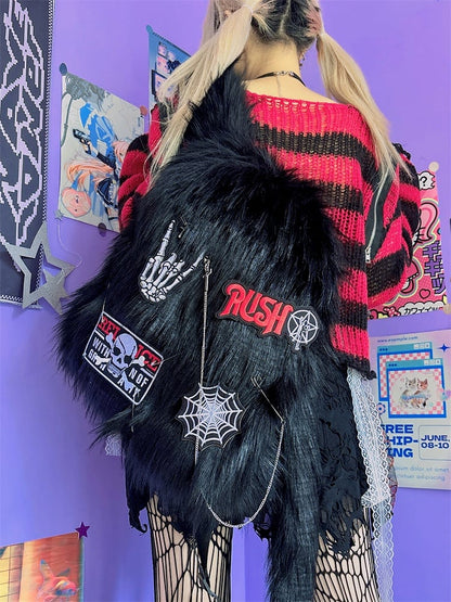 Black Skeleton Applique Punk Shaggy Backpack