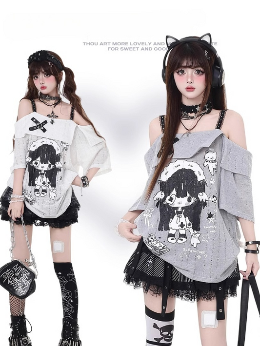 Neckline Girl Print T-Shirt Cartoon Gray/White Off-the-shoulder Criss-cross Design