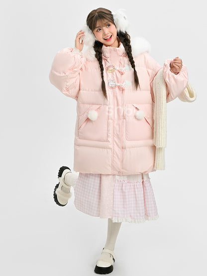 Pink Cute Bear and Kitty Plush Trim Hooded Down Coat