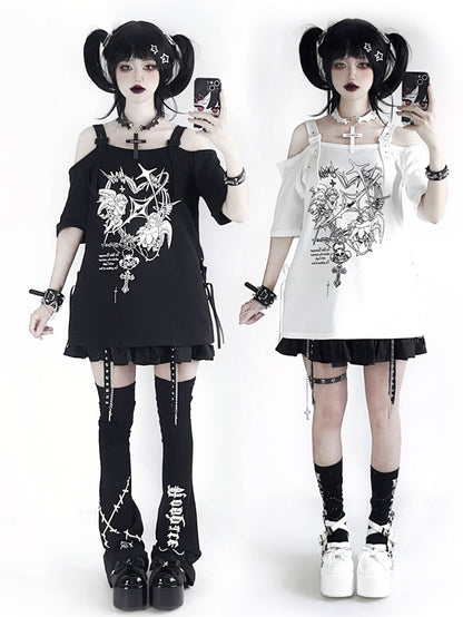 Black/White with T-shirt Gothic Off-Shoulder Choker Y2K Free Angel Heavenly