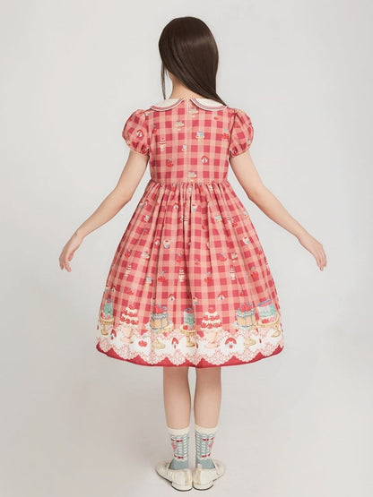 Red High Waist Cherry and Dessert Sweet Lolita Gingham Dress