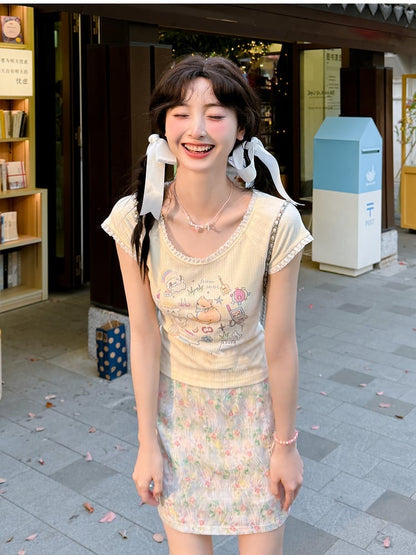 Version T-Shirt Beige Adorable Fox Print Long/Short