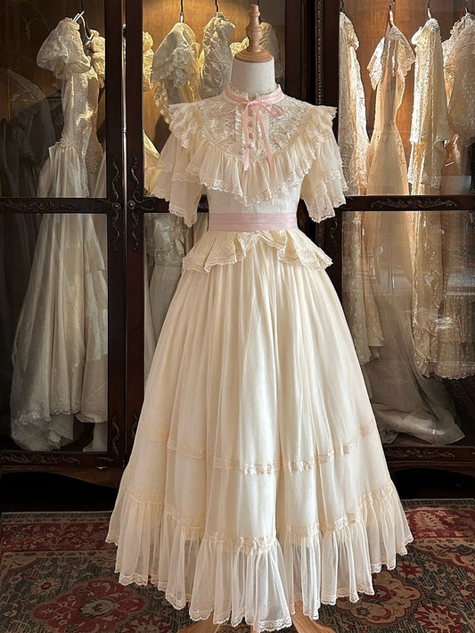 Pink Illusion with Edward Neckline Dress Waist Belt Classic Lolita Elegant Beige