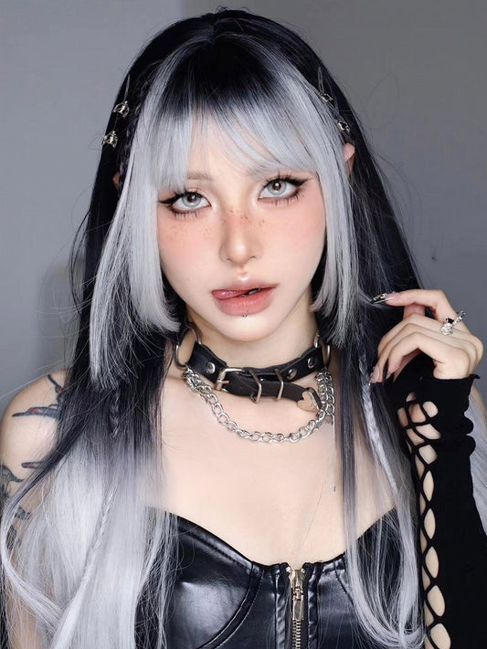 And Straight Bangs Length Air 68CM Silver Ombre With Black Wig