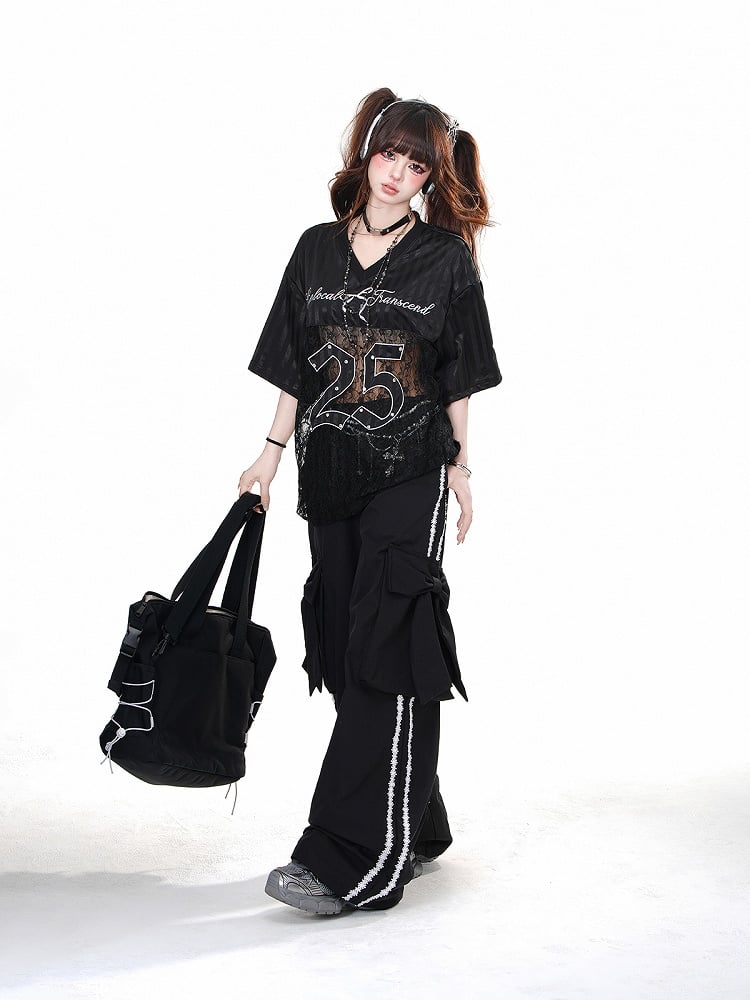 Black Wide-leg Pants with Big Bow Cargo Pockets