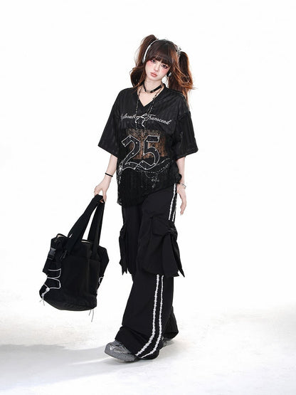 Black Wide-leg Pants with Big Bow Cargo Pockets
