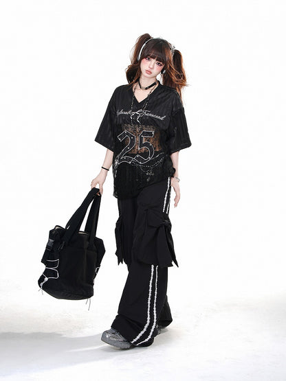 Cargo Big Pockets Pants Black Wide-leg with Bow