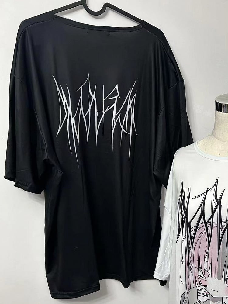 Schwarzes Cartoon T-Shirt Kei Jirai Print Letter And