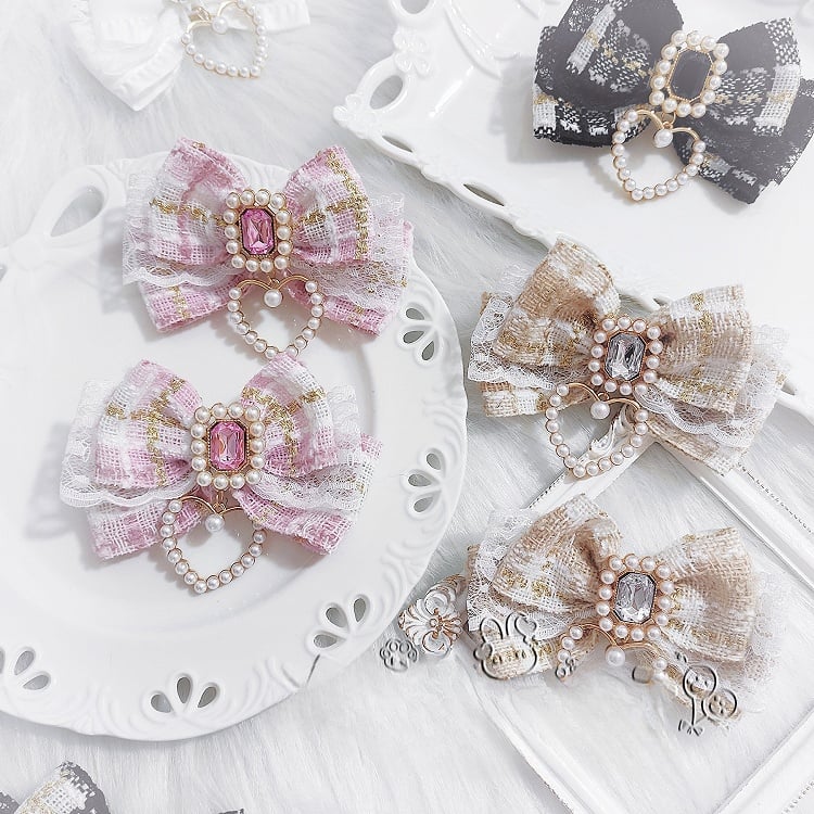 Bow Hairclips Rhinestone Accent Charm Plaid Heart Black/Beige/Pink/BlackWhite