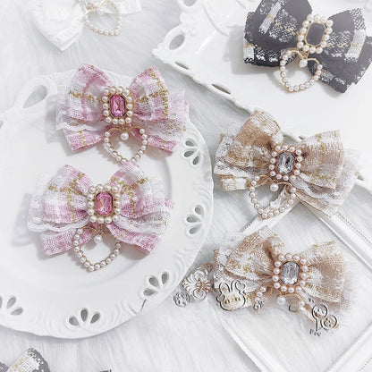 Bow Hairclips Rhinestone Accent Charm Plaid Heart Black/Beige/Pink/BlackWhite