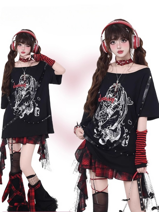 Bittersweet Criss-Cross Straps Design T-Shirt Rock Girl Print Black