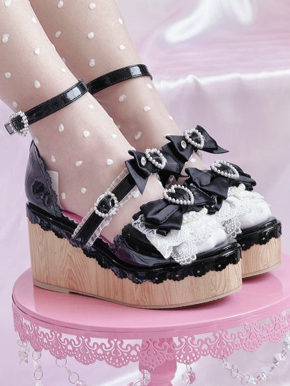 Beaded - Sandals Black Platform Showa-style Buckles Wedge Heart