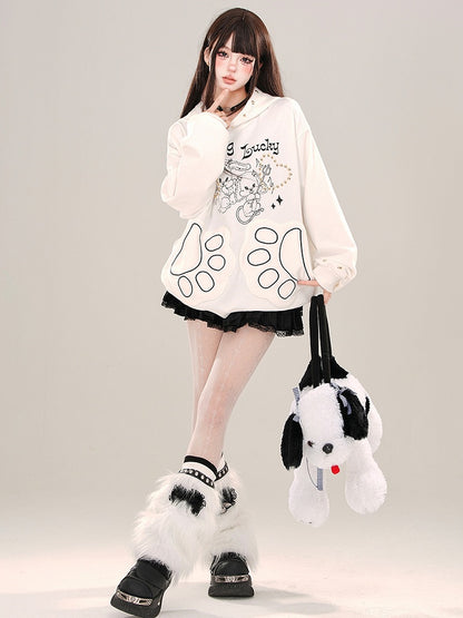 White/Grey Devil Bunnies Print Studs Loose Hoodie