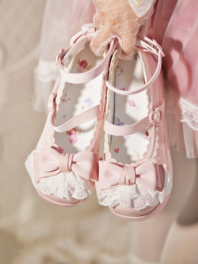 Top Heart Platforms Buckles at Bow Baby Pink Trim Lace