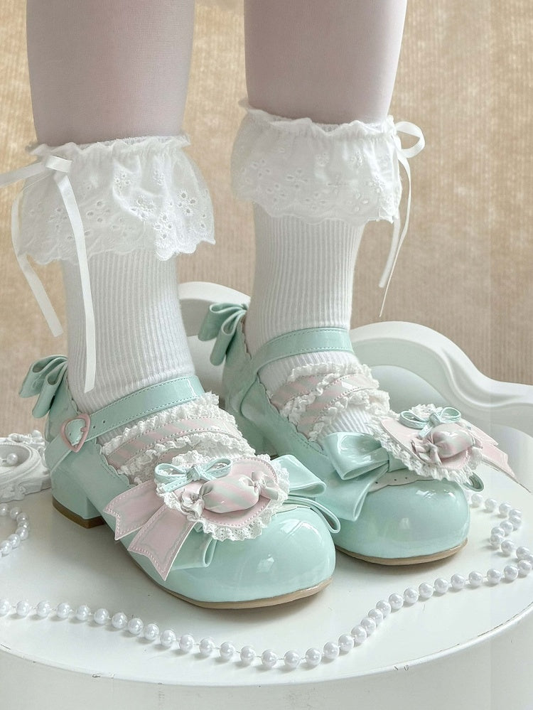 Grünes Leder Candy Clip PU Schuhe Sweet Mint Low-Heel Pink Heart mit