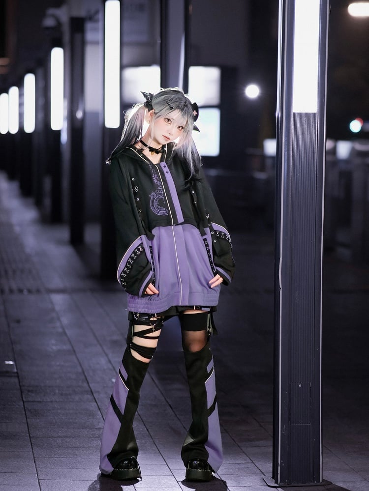 Cyberpunk Set: J-Style Coord Detachable Jacket Futuristic Purple Black and