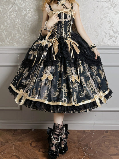 Waist Overlay Lolita and Drawstring Jumper Skirt Corset Black Gold